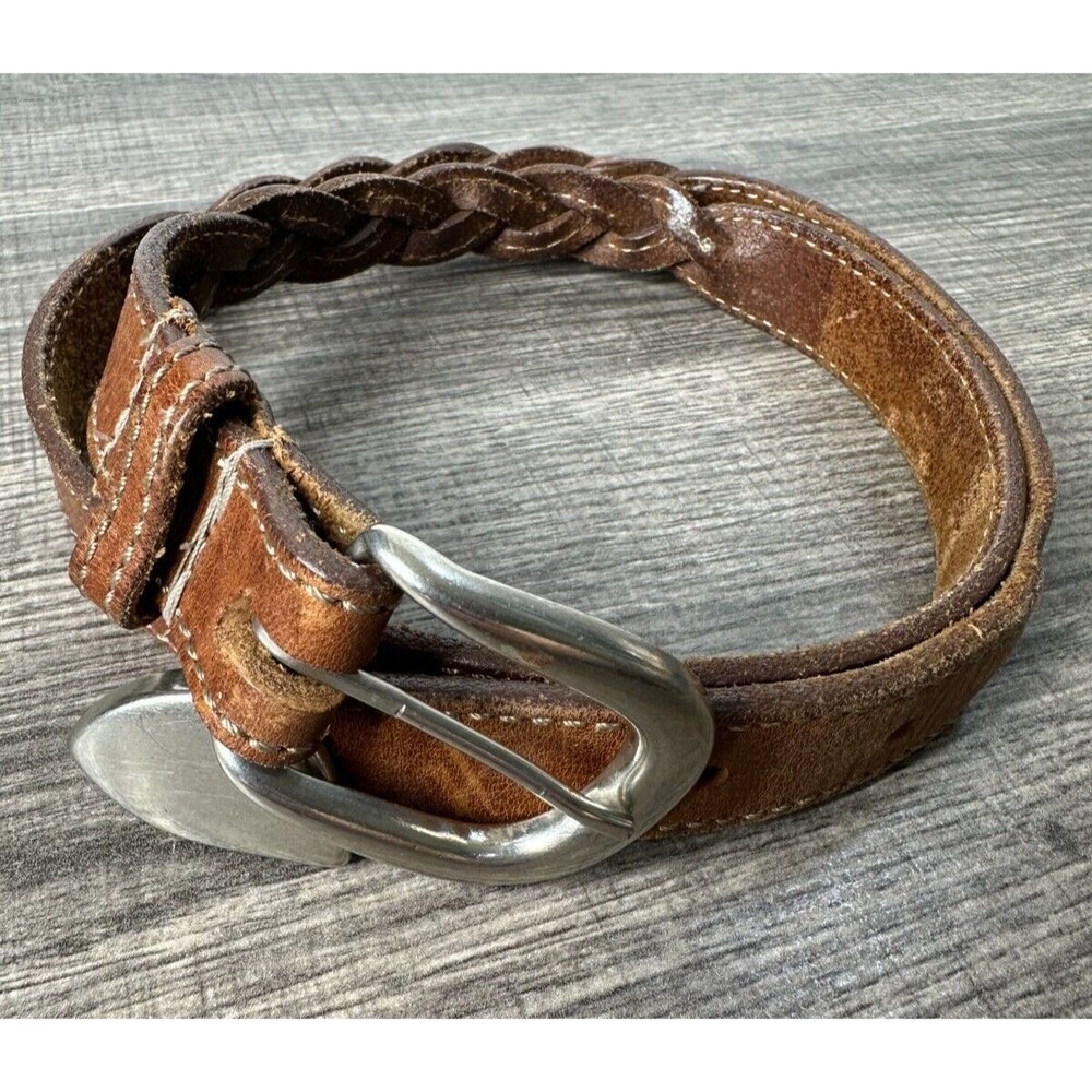 Ladies Leather Belt Brown Braid Silver Tone Buckle and End Tip 37" Long w/Buckle